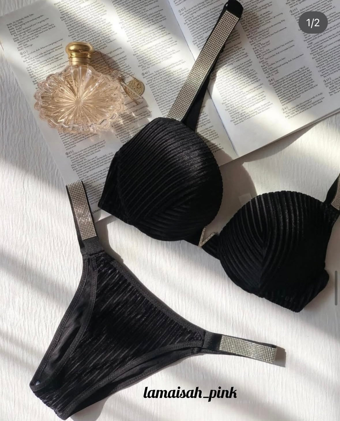 Rhinestone Strap V Bra Set