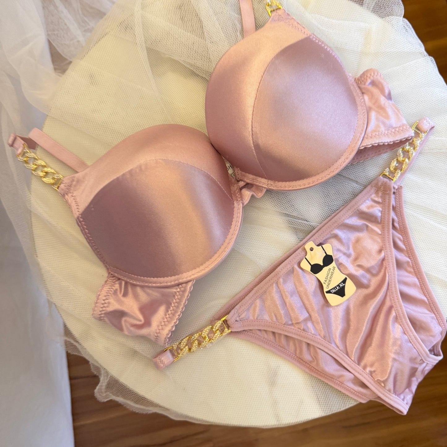 Silky Satin Shoulder Chain Bra set(Single Pad)