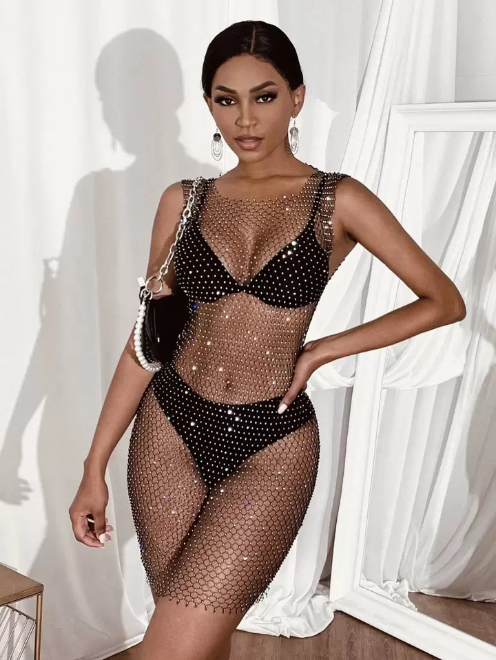 Shein Vavaluxe Rhinestone Sheer Fishing Net Dress without lingerie