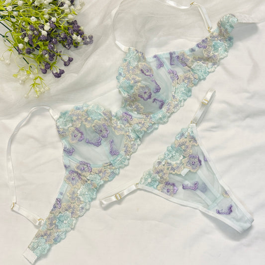 Floral Double Net Bra Set(Powder Green)