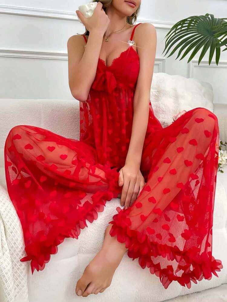 Tranparent Mesh Honeymoon Pajama Set Red