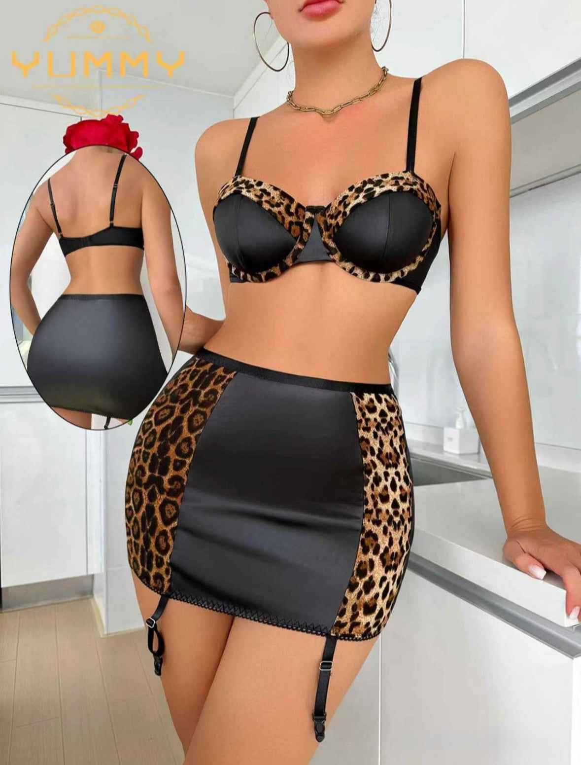 Black Faux Leather Leopard Print Push Up Bra Garter Skirt Set