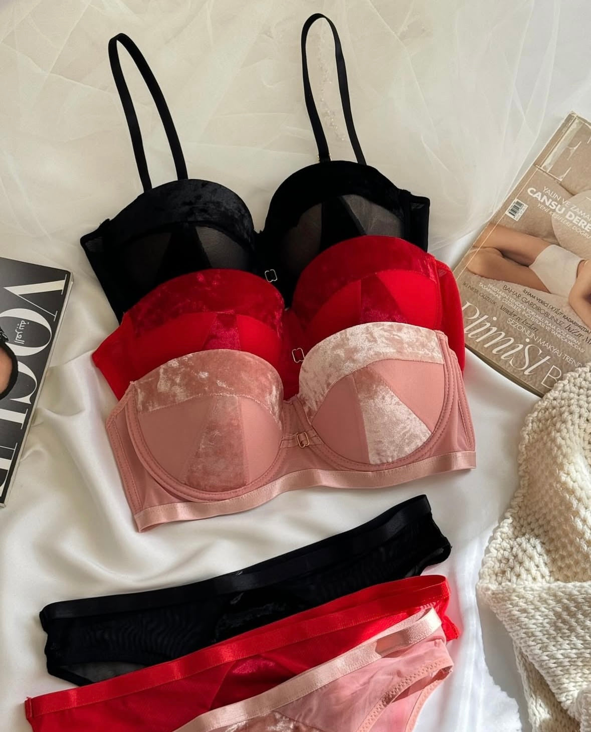 Stylish Velvet Look Bra Set