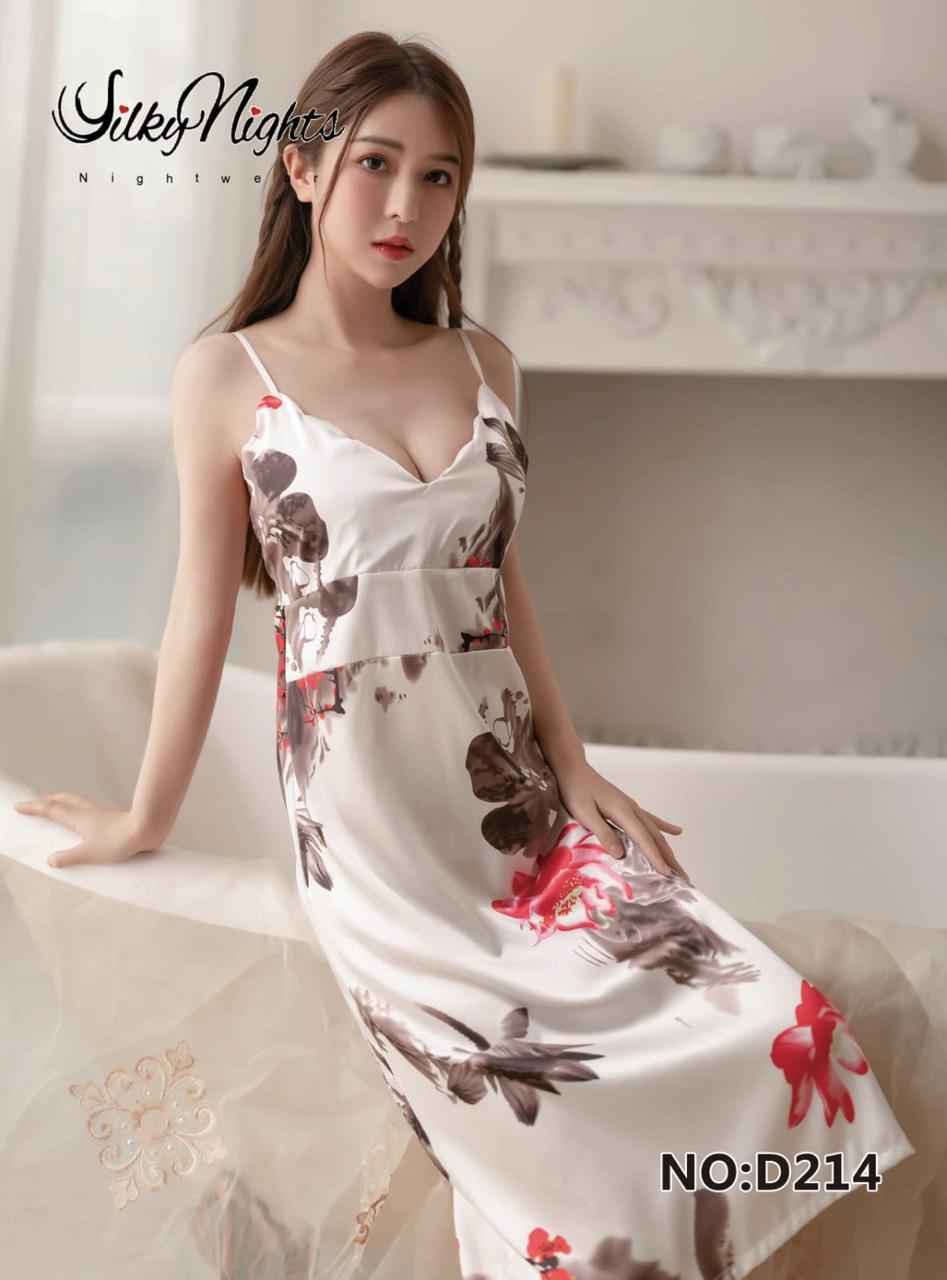 Long floral silk nighty with thong