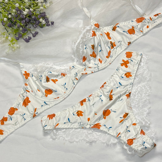 Soft Silky Bra Set(Orange Flowers)