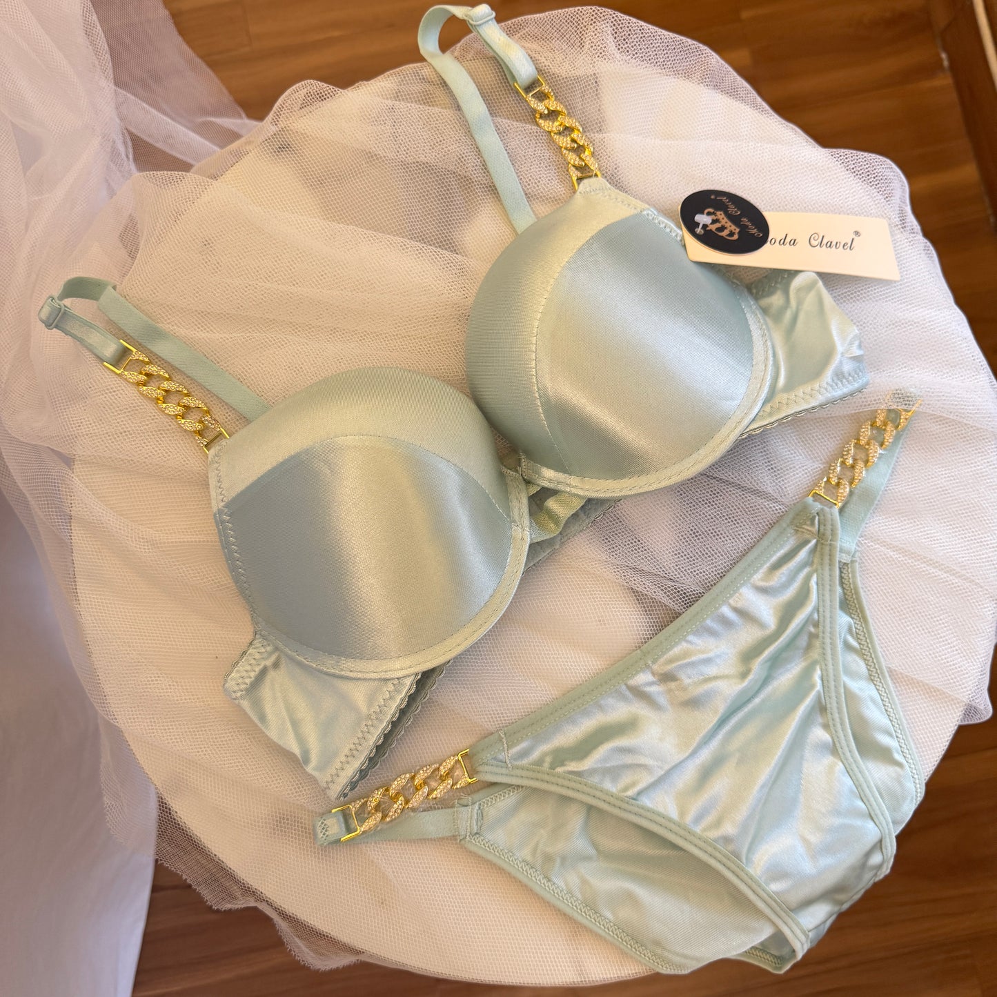 Silky Satin Shoulder Chain Bra set(Single Pad)