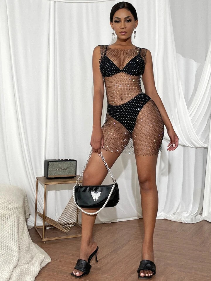 Shein Vavaluxe Rhinestone Sheer Fishing Net Dress without lingerie
