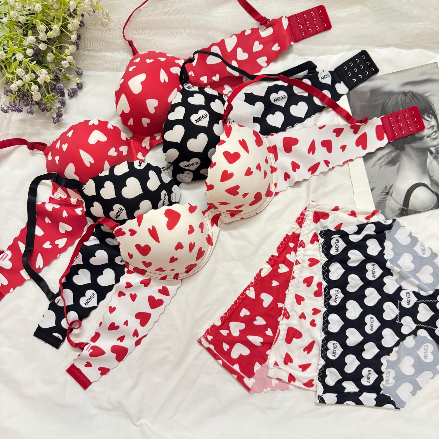 Heart Print Soft Bra Set