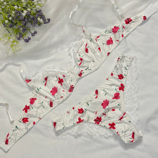 Soft Silky Bra Set(Candy Pink Flowers)