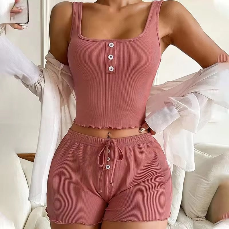 Front Button Style Cami And Shorts Set