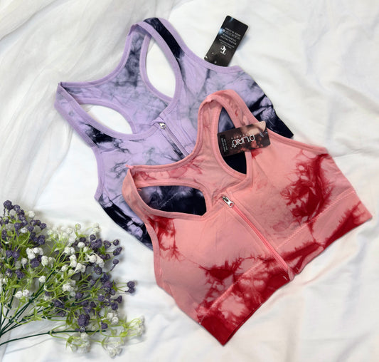 Front Zipper Tie & Dye Sports Bra