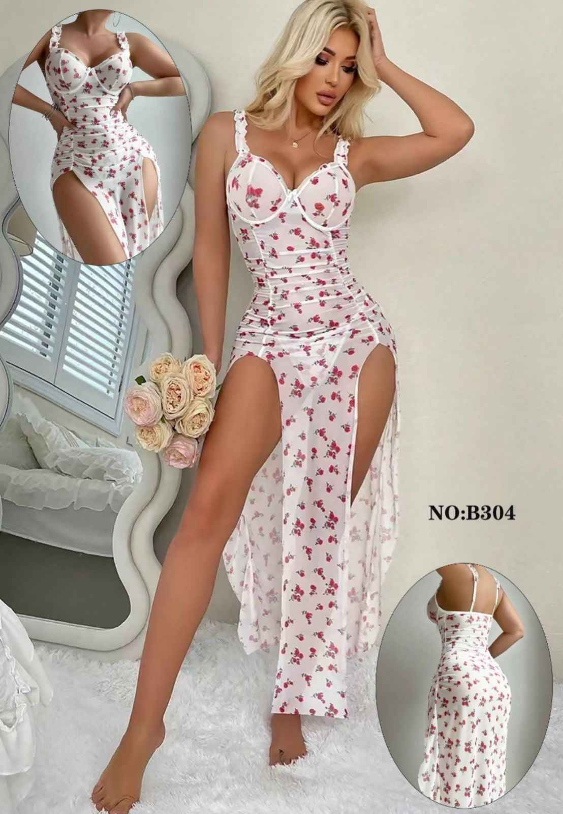 Mini Flower Print Honeymoon Long Slit Gown