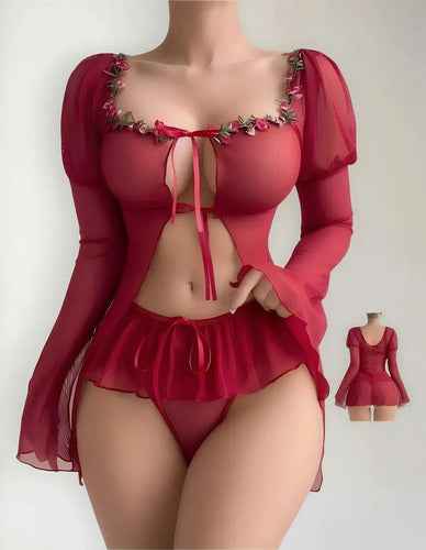 Red Short Open Style Embroidered Gown with lacy thong
