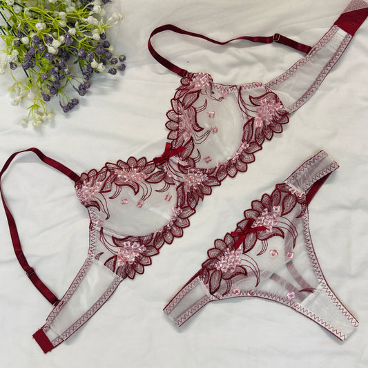 Double Net White Bra Set(Maroon Contrast)
