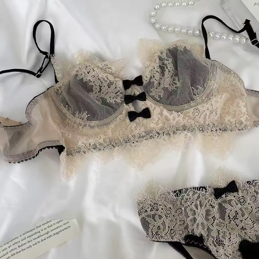 Three Bow Design Net Bra Set
