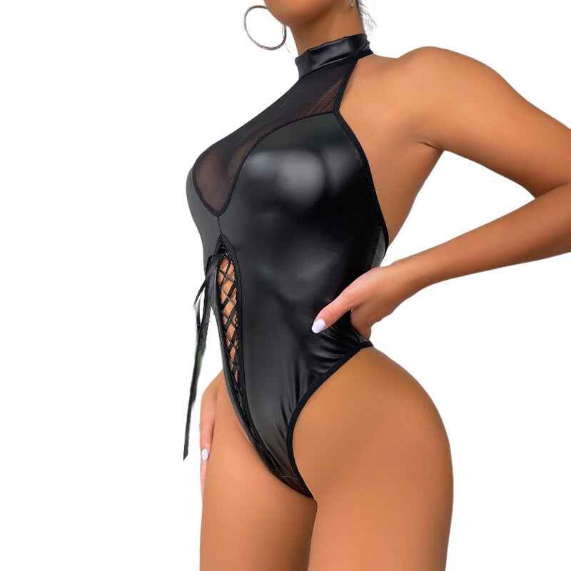 Jet Black Sexy Leather Bodysuit