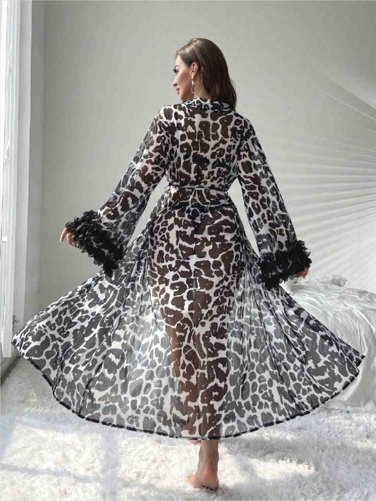 Cheetah Print Stylish Net Gown with Feather lace on sleeves
