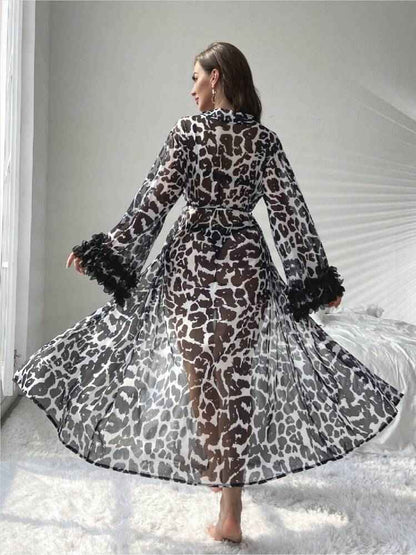 Cheetah Print Stylish Net Gown with Feather lace on sleeves