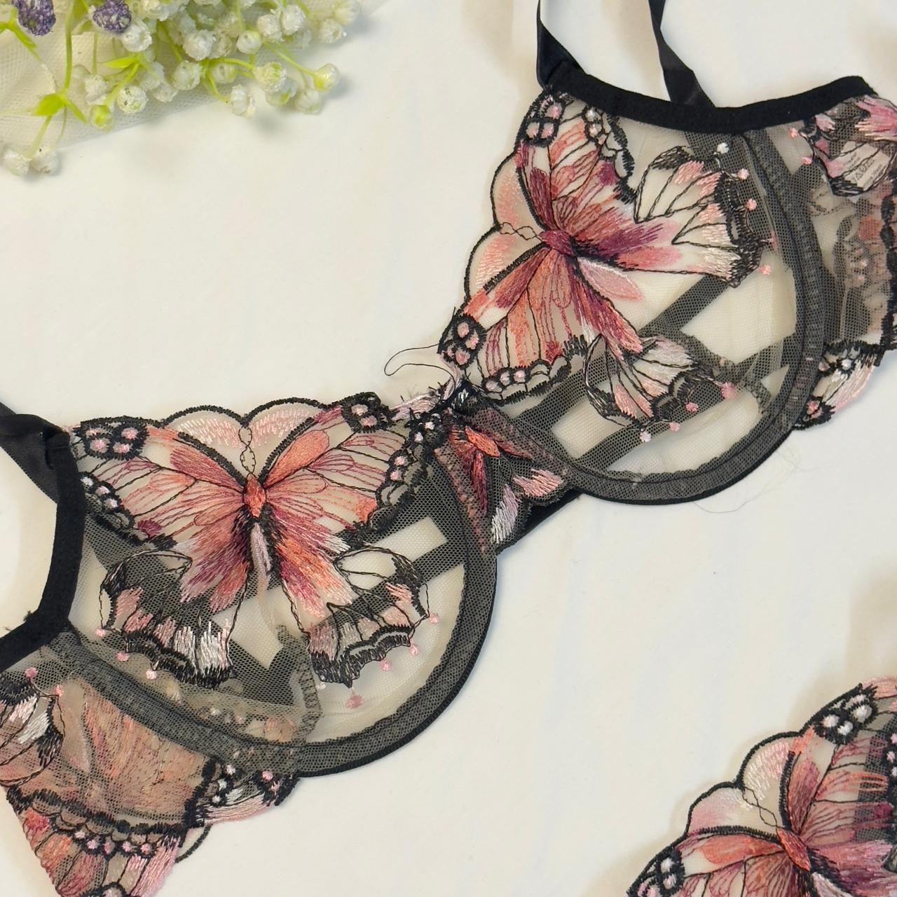 Coral Butterfly Bow Tie Net Bra Set🦩🩰🍂