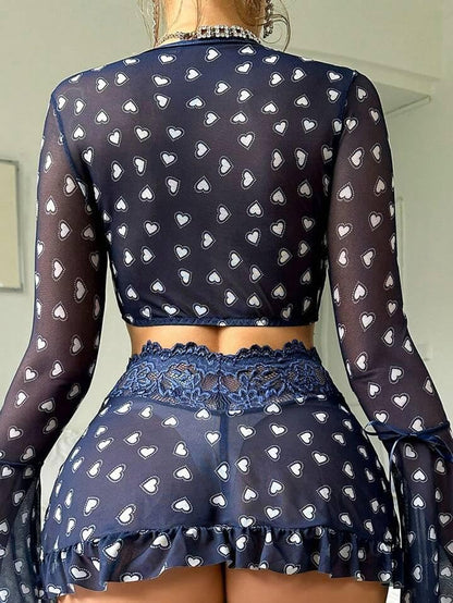 Two Piece Hearts Print Short Dress