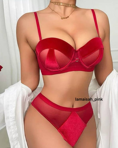 Stylish Velvet Look Bra Set