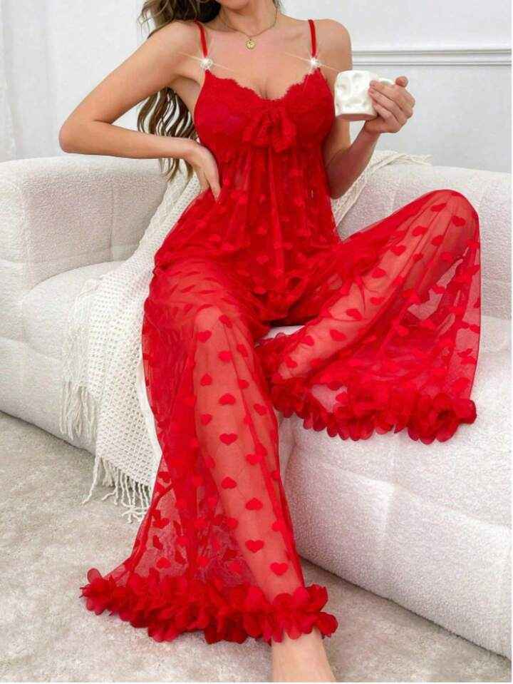 Tranparent Mesh Honeymoon Pajama Set Red