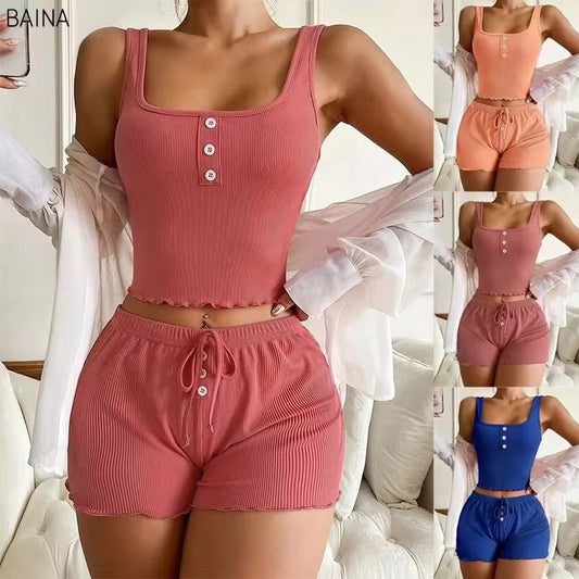 Front Button Style Cami And Shorts Set