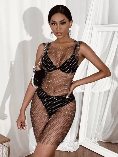 Shein Vavaluxe Rhinestone Sheer Fishing Net Dress without lingerie