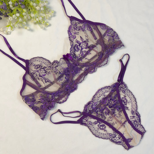 Purple Embroidered Net Bra set🌂