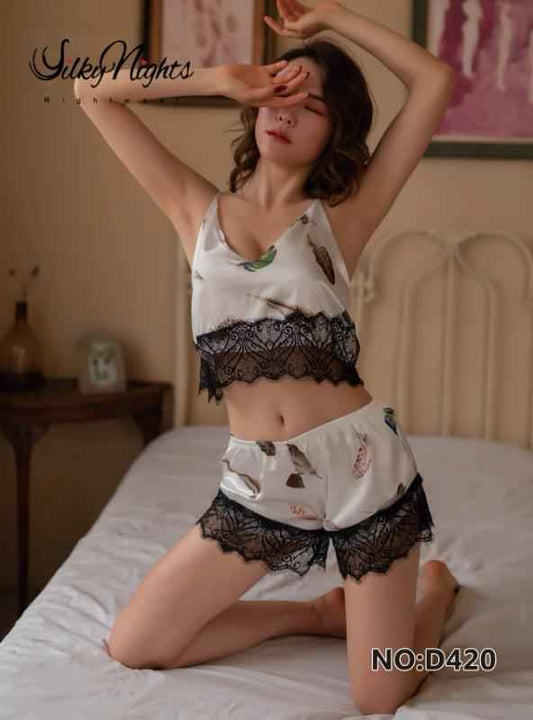 Two Piece Silk Shorts Set with Net Lace