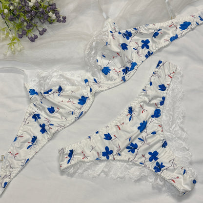 Soft Silky Bra Set(Blue Flowers)