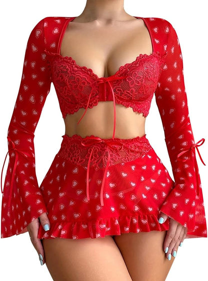 Two Piece Hearts Print Short Dress