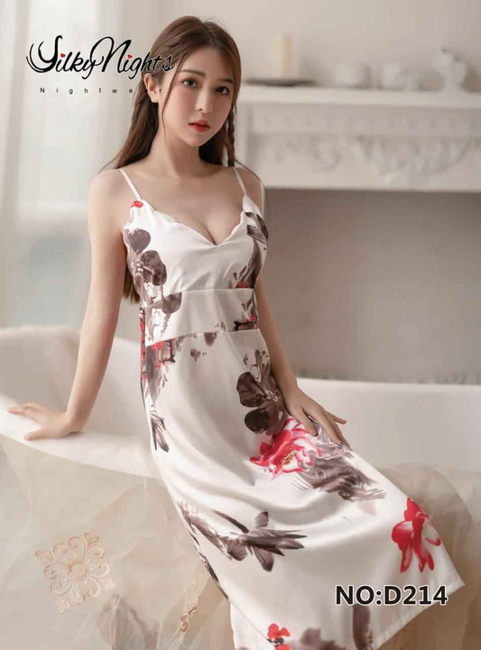 Long floral silk nighty with thong