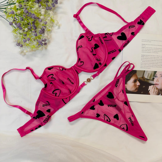 Net Love Print in Velvet Bra Set