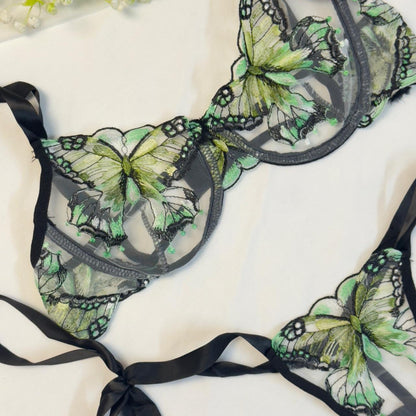 Parrot Green Butterfly Bow Tie Net Bra Set🌲👗🍃