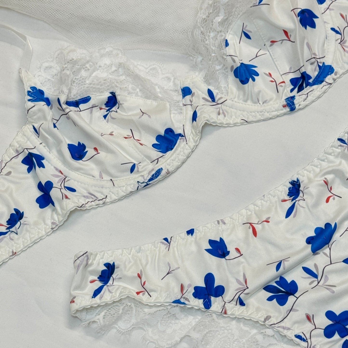 Soft Silky Bra Set(Blue Flowers)