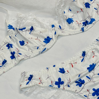 Soft Silky Bra Set(Blue Flowers)