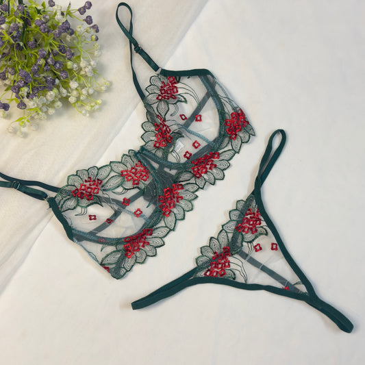 Green & Red Embroidered Net Bra Set