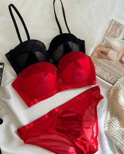Stylish Velvet Look Bra Set