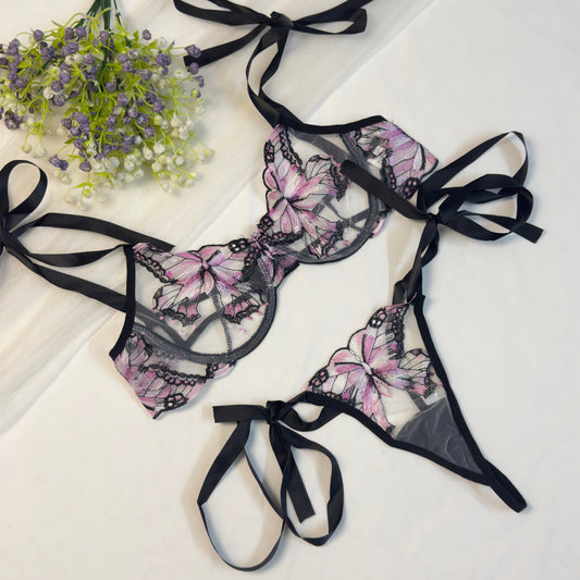 Pink Butterfly Bow Tie Bra Set🌸👚🩷