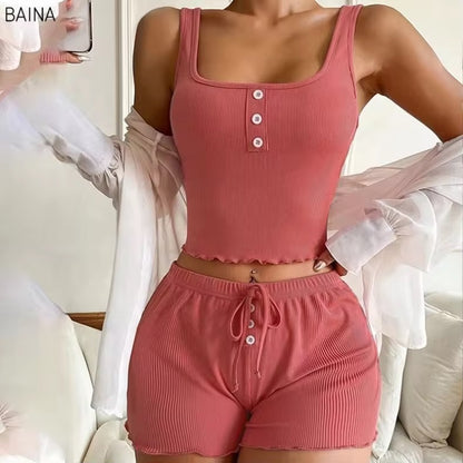 Front Button Style Cami And Shorts Set