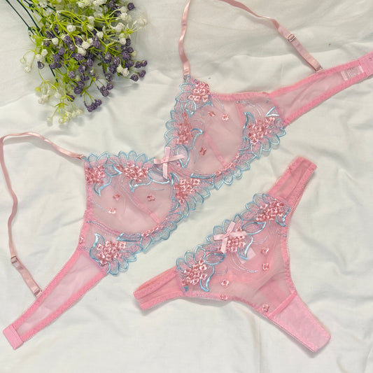 Baby Pink Double Net Bra Set