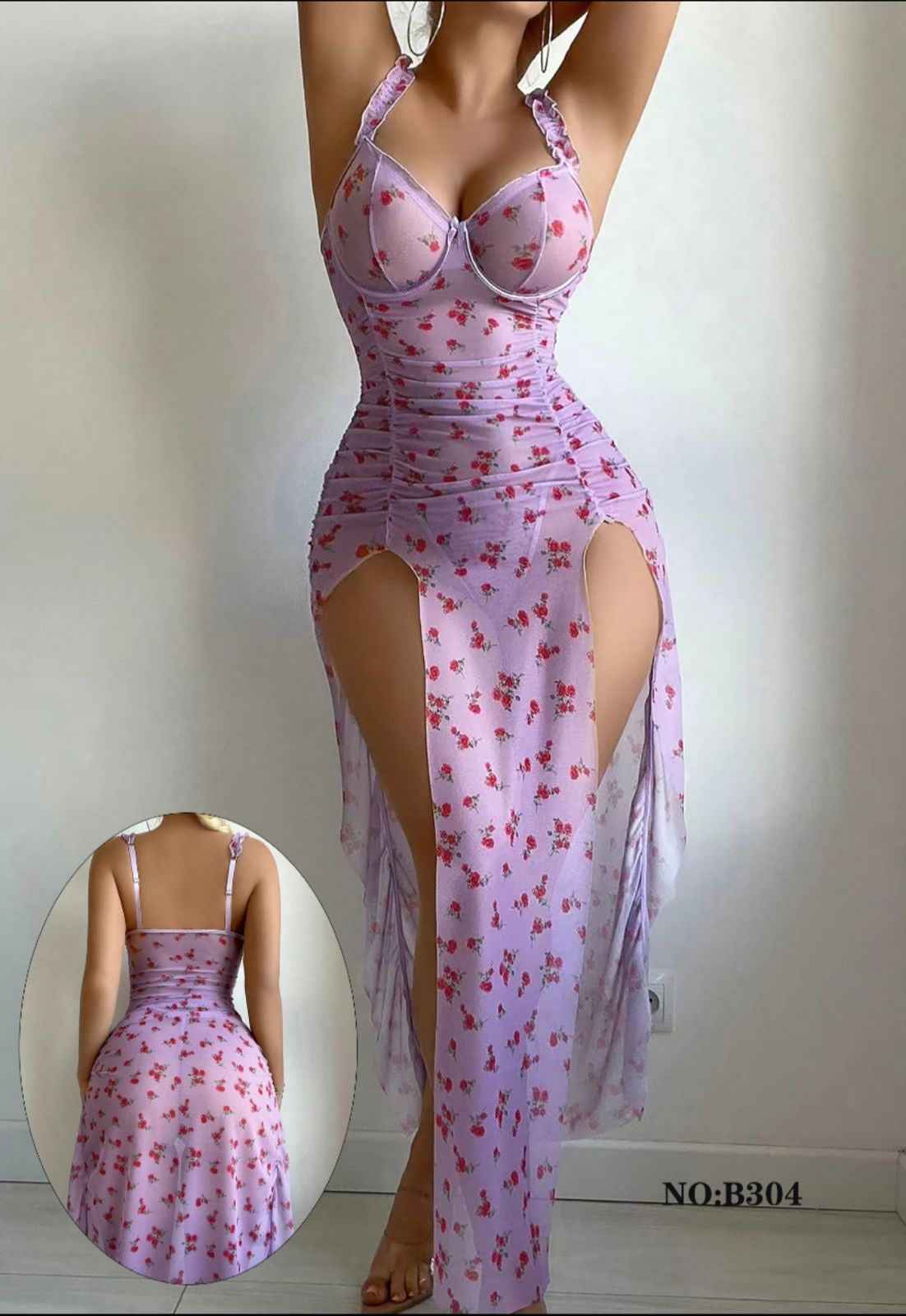 Mini Flower Print Honeymoon Long Slit Gown