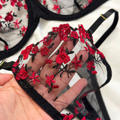 Net Bra Set # 5(Black with Red flowers)