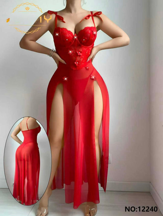 Red Floral Slit Night Dress