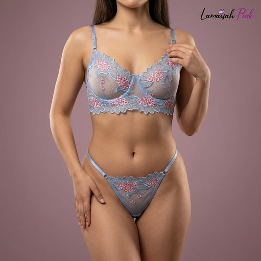 Ice Blue Embroidered Net Bra Set