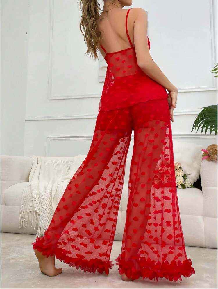 Tranparent Mesh Honeymoon Pajama Set Red