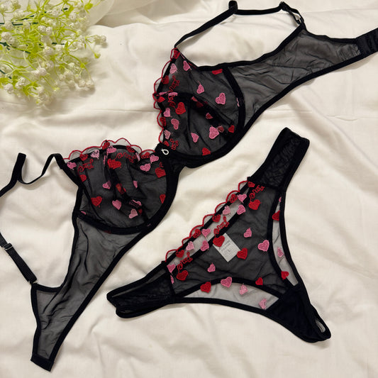 Pink Hearts Net Bra Set # 10