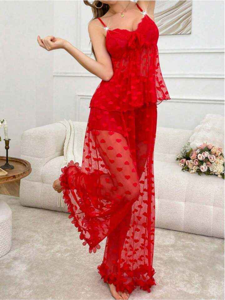 Tranparent Mesh Honeymoon Pajama Set Red
