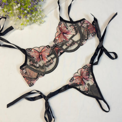 Coral Butterfly Bow Tie Net Bra Set🦩🩰🍂